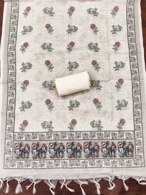 beige digital print linen cotton unstitched dress material  4