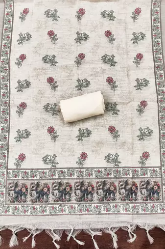 beige digital print linen cotton unstitched dress material 