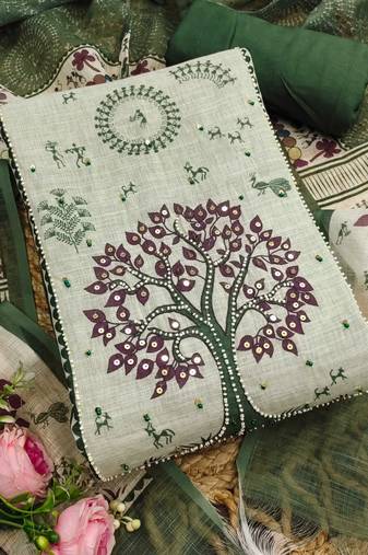 green digital print linen cotton unstitched dress material 