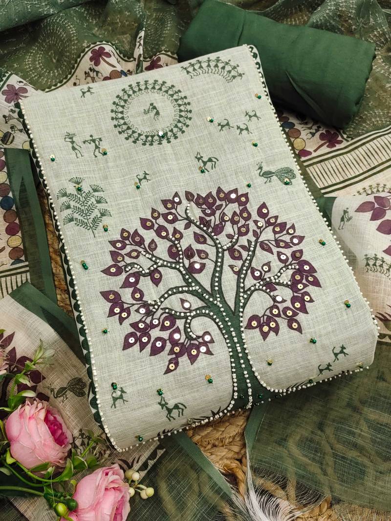 green digital print linen cotton unstitched dress material 