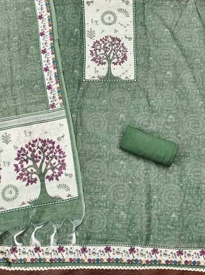 green digital print linen cotton unstitched dress material  2