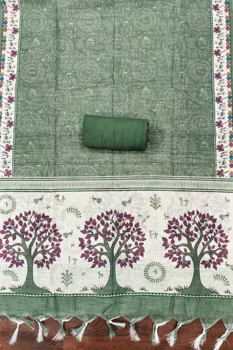 green digital print linen cotton unstitched dress material 