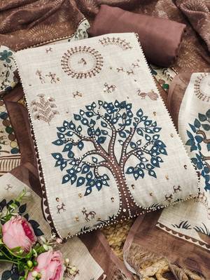 brown digital print linen cotton unstitched dress material  1
