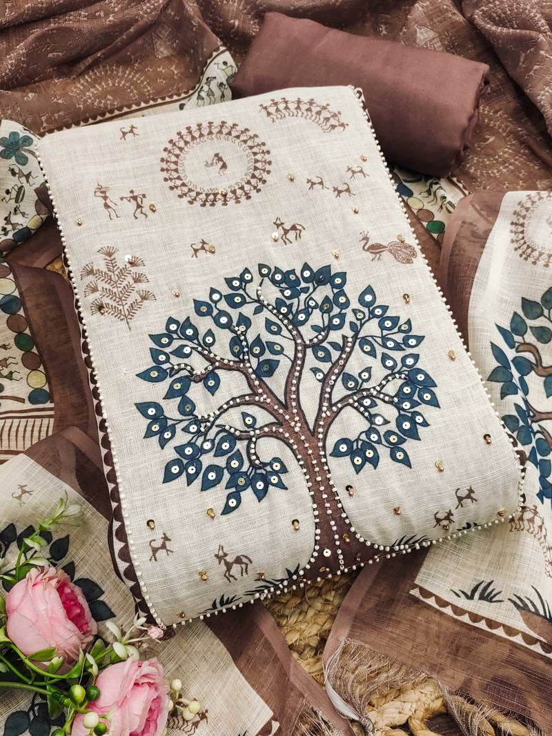 brown digital print linen cotton unstitched dress material 