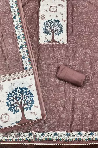 brown digital print linen cotton unstitched dress material 