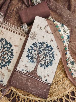 brown digital print linen cotton unstitched dress material  3