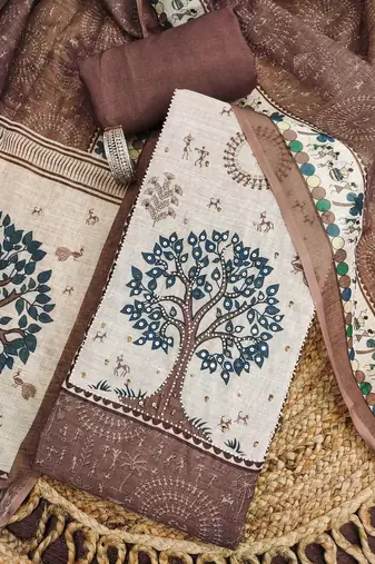 brown digital print linen cotton unstitched dress material 