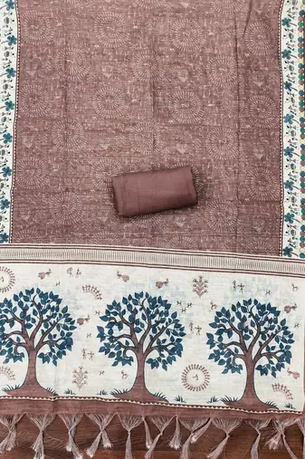 brown digital print linen cotton unstitched dress material 
