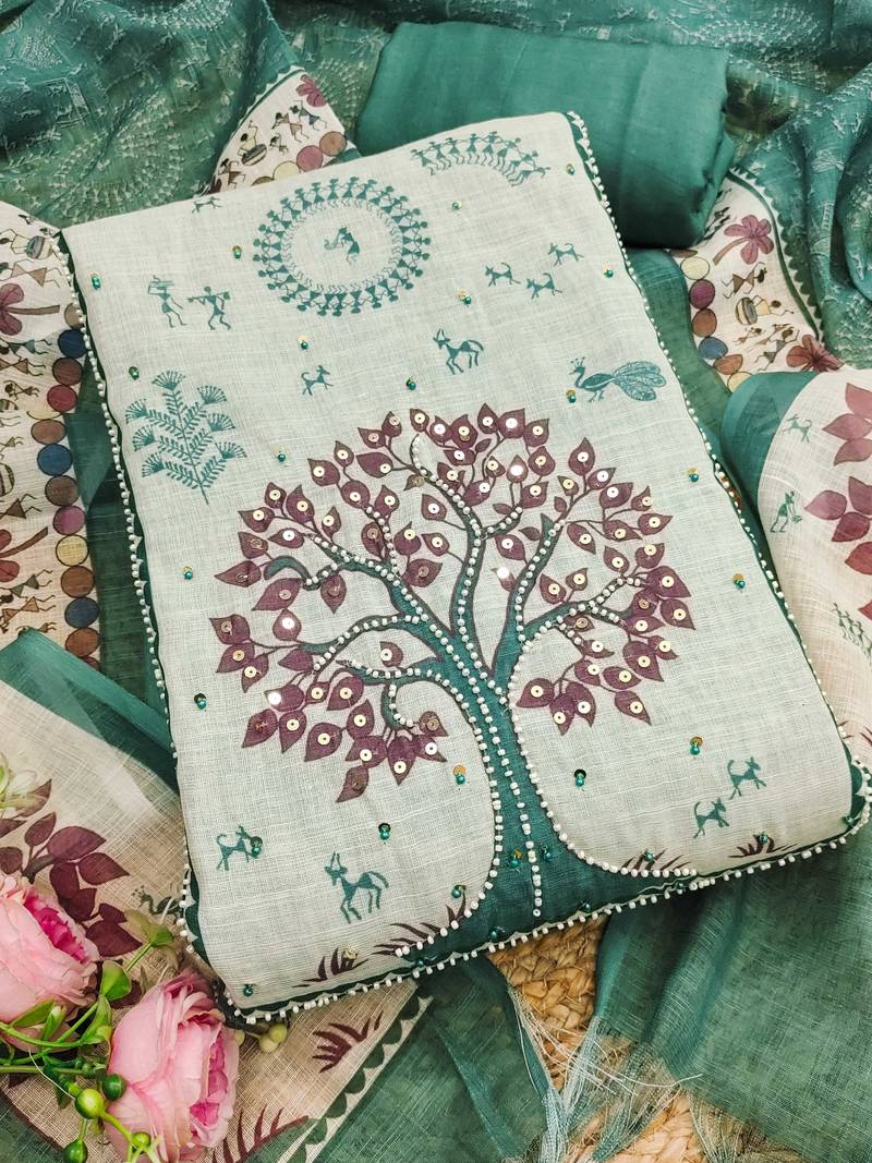 sea green digital print linen cotton unstitched dress material 