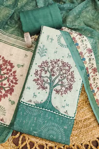 sea green digital print linen cotton unstitched dress material 