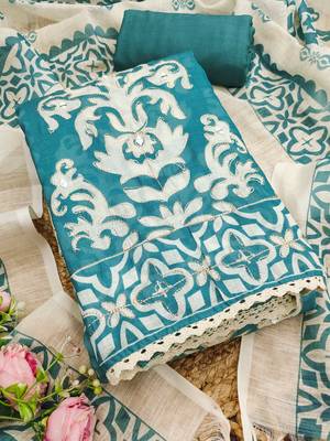 aqua teal applique linen cotton unstitched dress material  1