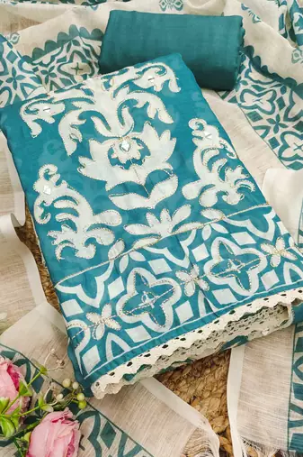 aqua teal applique linen cotton unstitched dress material 