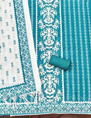 aqua teal applique linen cotton unstitched dress material  2