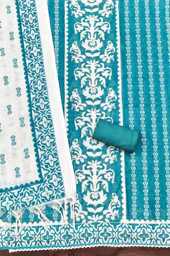 aqua teal applique linen cotton unstitched dress material 