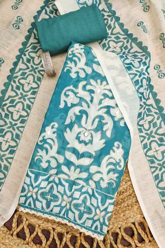 aqua teal applique linen cotton unstitched dress material 