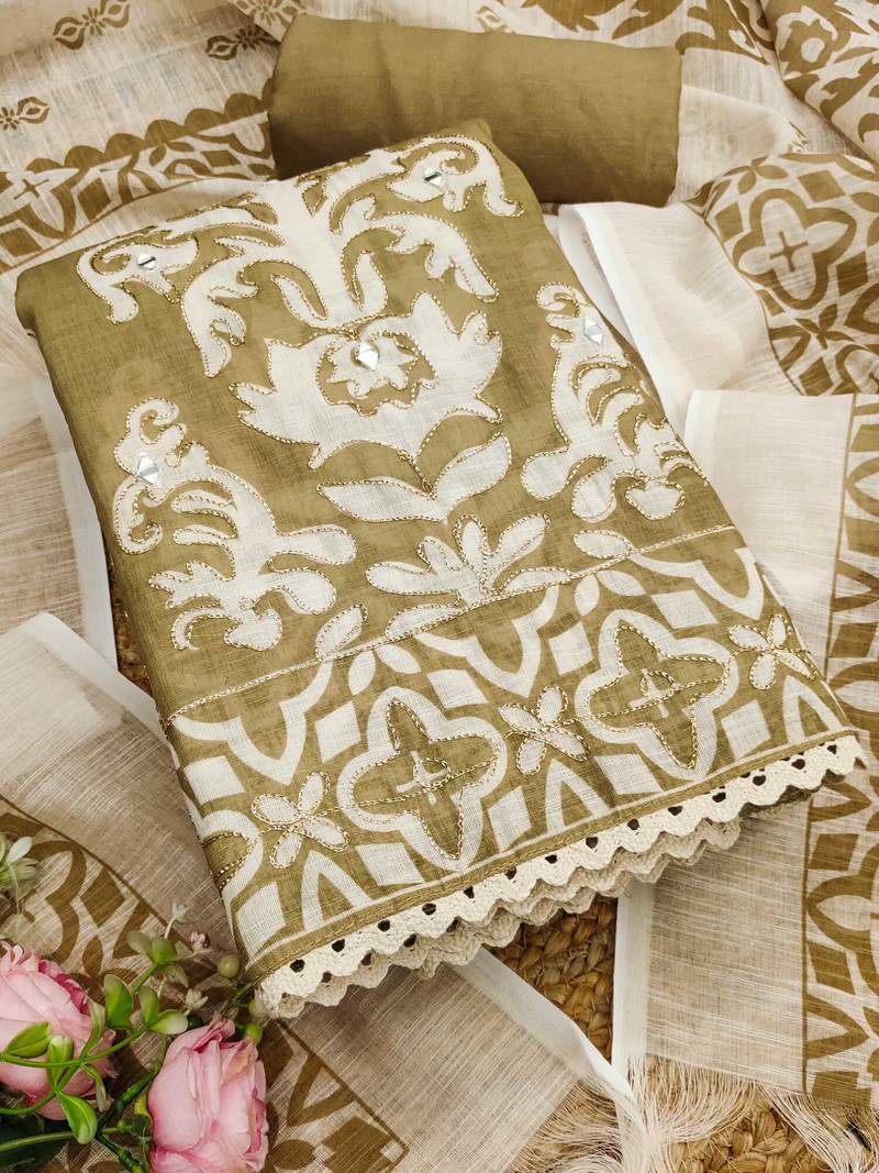 olive green applique linen cotton unstitched dress material 