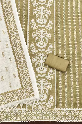 olive green applique linen cotton unstitched dress material 