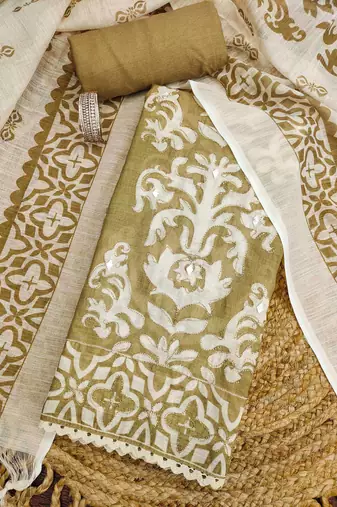 olive green applique linen cotton unstitched dress material 