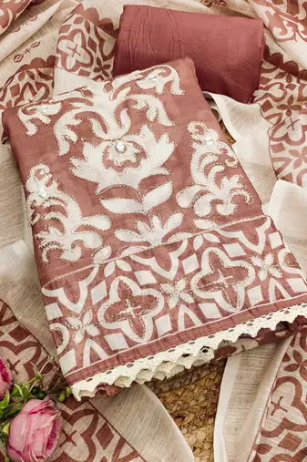 peach coral applique linen cotton unstitched dress material 