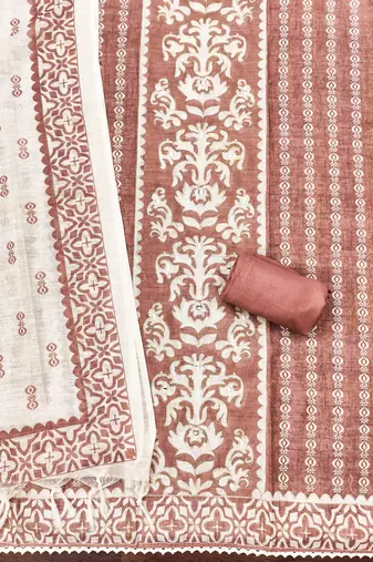 peach coral applique linen cotton unstitched dress material 