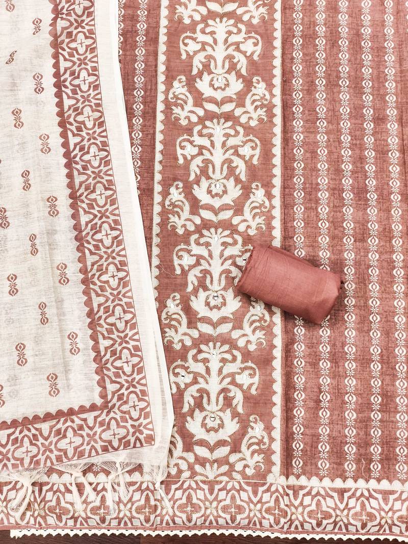 peach coral applique linen cotton unstitched dress material 