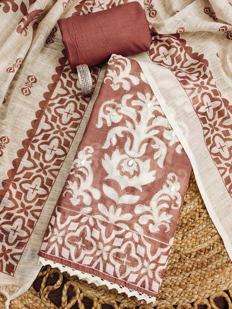 peach coral applique linen cotton unstitched dress material 
