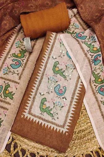 rust digital print linen cotton unstitched dress material 