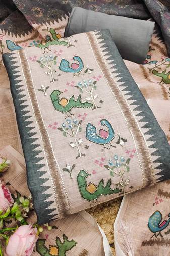 grey digital print linen cotton unstitched dress material 