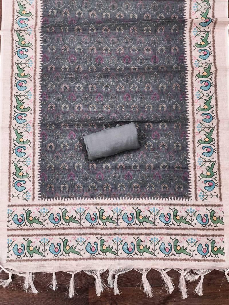 grey digital print linen cotton unstitched dress material 