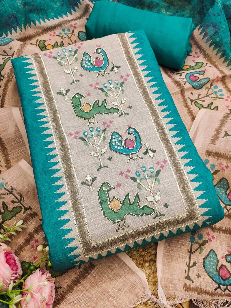 aqua teal digital print linen cotton unstitched dress material 