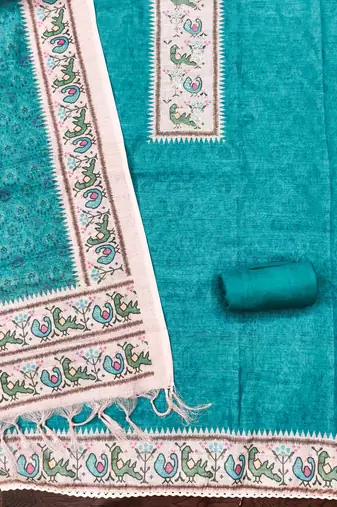 aqua teal digital print linen cotton unstitched dress material 