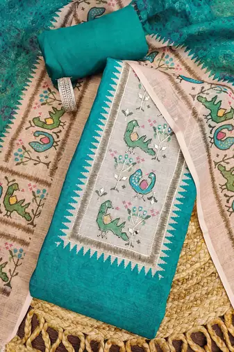 aqua teal digital print linen cotton unstitched dress material 