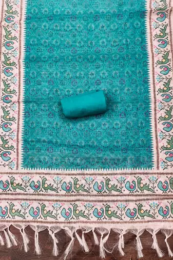 aqua teal digital print linen cotton unstitched dress material 