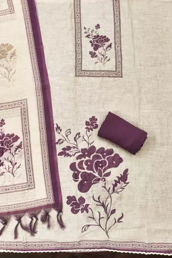 purple floral print linen cotton unstitched dress material 
