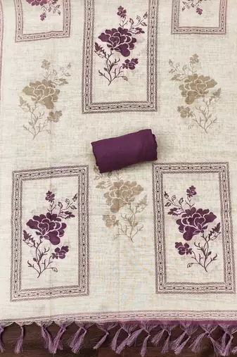 purple floral print linen cotton unstitched dress material 