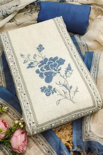 blue floral print linen cotton unstitched dress material 