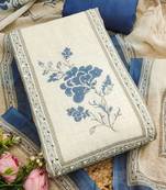 blue floral print linen cotton unstitched dress material 