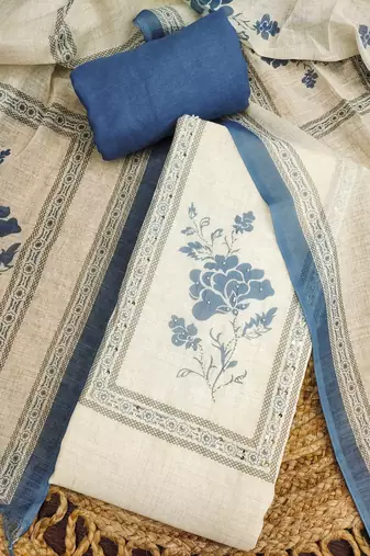 blue floral print linen cotton unstitched dress material 