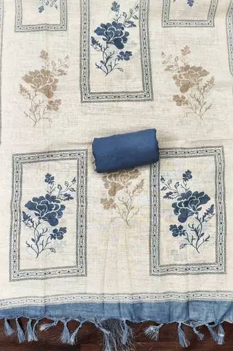 blue floral print linen cotton unstitched dress material 