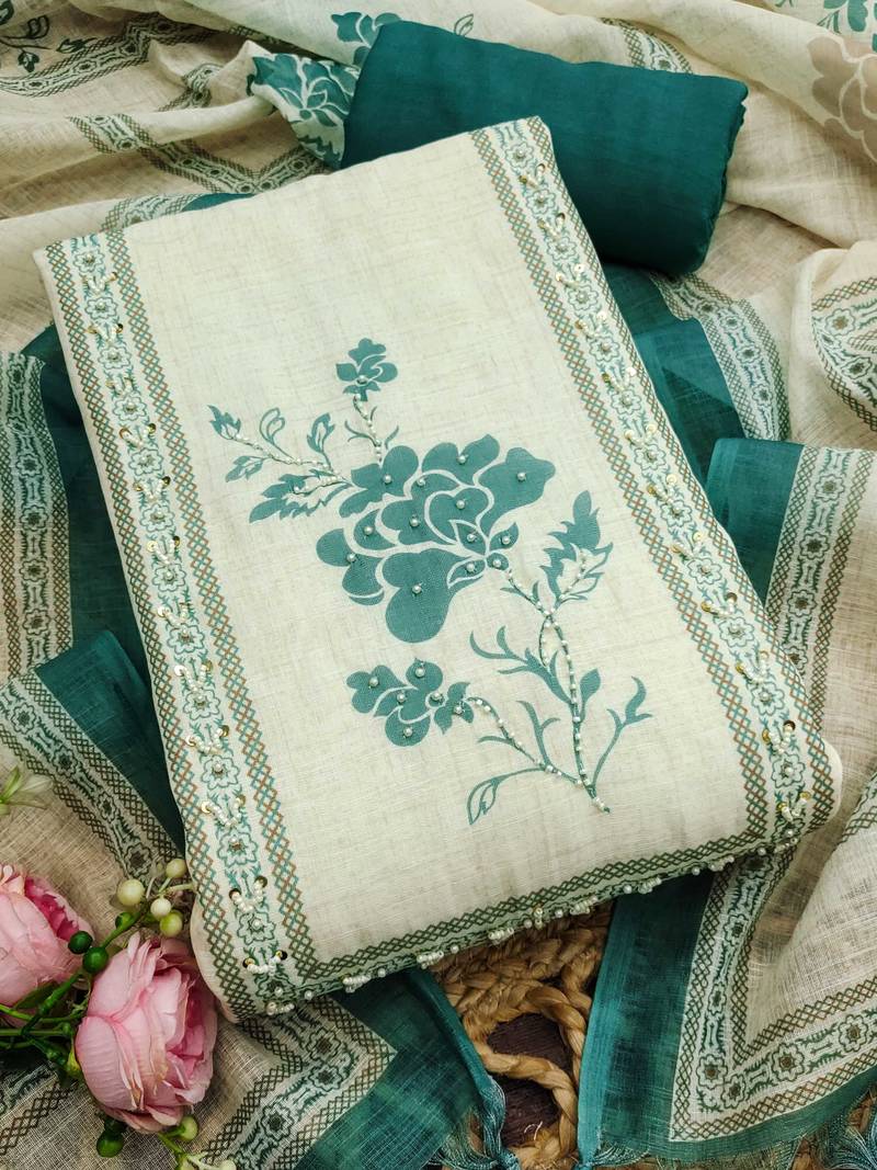 bottle green floral print linen cotton unstitched dress material 