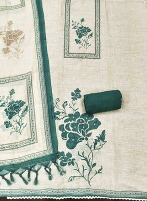 bottle green floral print linen cotton unstitched dress material  2