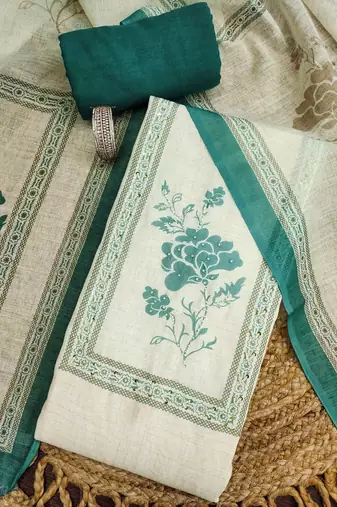 bottle green floral print linen cotton unstitched dress material 