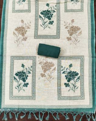 bottle green floral print linen cotton unstitched dress material  4