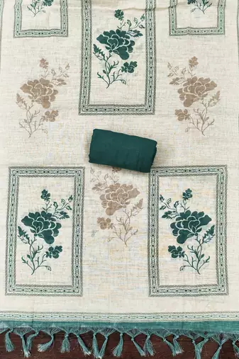 bottle green floral print linen cotton unstitched dress material 