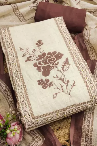 coffee brown floral print linen cotton unstitched dress material 