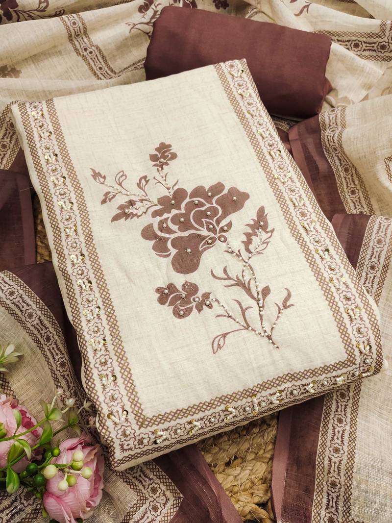 coffee brown floral print linen cotton unstitched dress material 