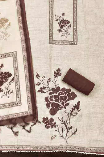 coffee brown floral print linen cotton unstitched dress material 