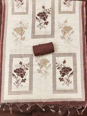 coffee brown floral print linen cotton unstitched dress material  4