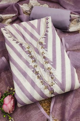 purple floral print linen cotton unstitched dress material 
