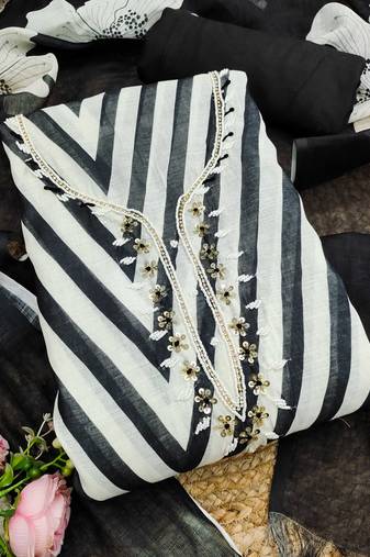 black floral print linen cotton unstitched dress material 